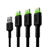 Set 3x Green Cell kabel GC Ray USB-C 200cm kabel zelené LED podsvícení, rychlo nabíjení Ultra Charge, QC 3.0