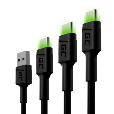 Set 3x Green Cell kabel GC Ray USB-C kabel 30cm, 120cm, 200cm zelené LED podsvícení, rychlo nabíjení UC, QC 3.0