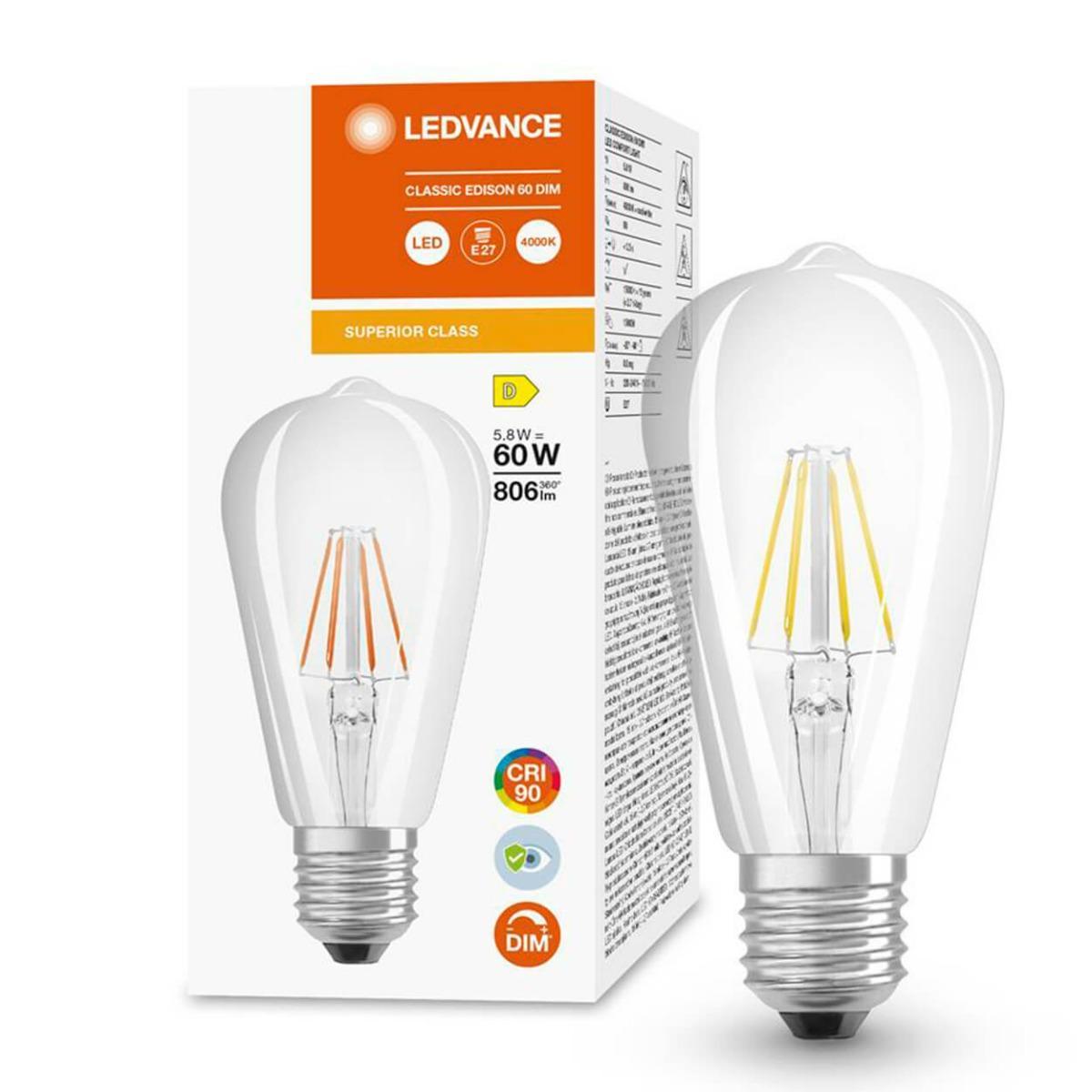 LED žárovka LED Edison E27 ST64 5,8W = 60W 806lm 4000K Neutrální bílá 300° CRI90 Filament Stmívatelná LEDVANCE Superior