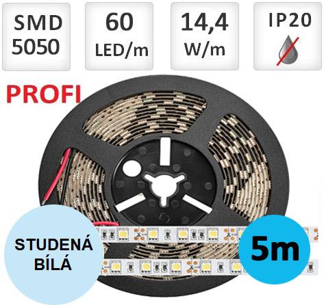 LED21 LED pásek PROFI 5m 14,4W/m 60ks/m 5050 STUDENÁ BÍLÁ