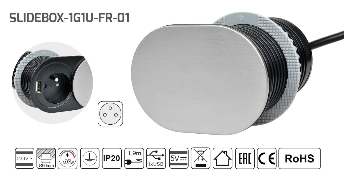 LED21 Slidebox zásuvkový blok s posuvným krytem, 1 zásuvka + 1 port USB, černá / stříbrná