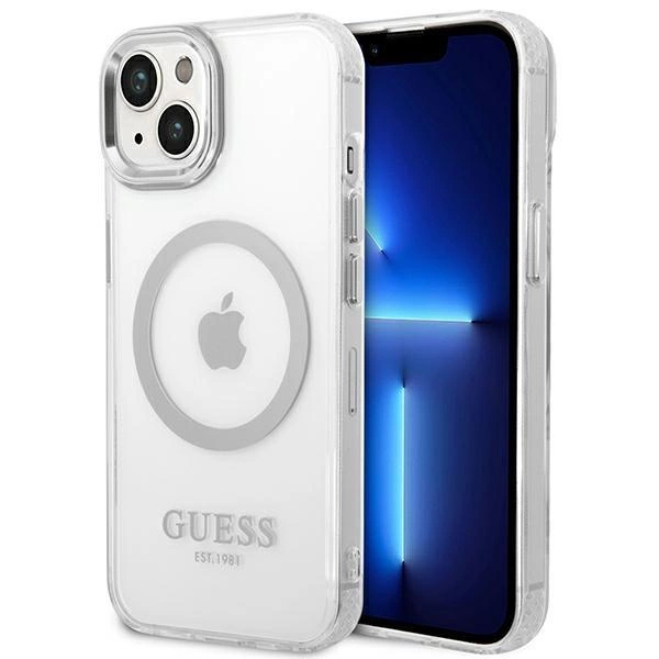 Pouzdro Guess Metal Outline MagSafe pro iPhone 14 Plus - stříbrné