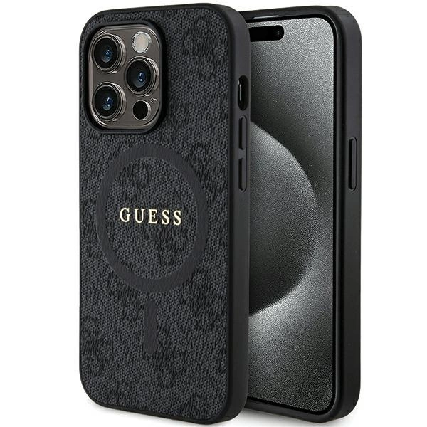 Guess 4G Collection Kožené pouzdro MagSafe s kovovým logem pro iPhone 13 Pro / iPhone 13 - černé