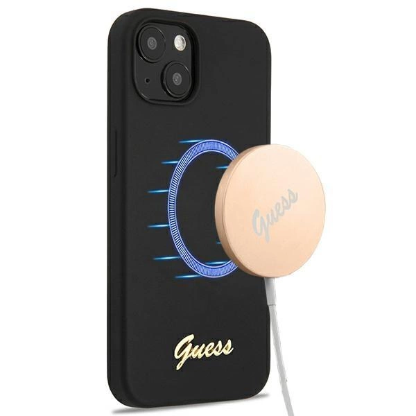 Silikonové pouzdro Guess Script Gold Logo MagSafe pro iPhone 13 - černé