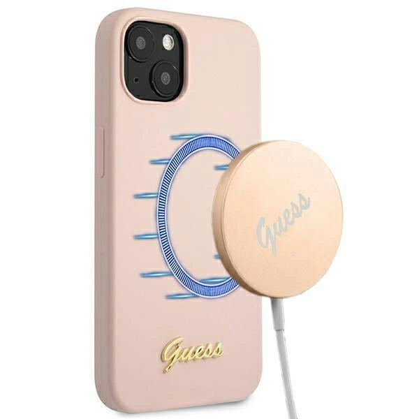 Silikonové pouzdro Guess Script Gold Logo MagSafe pro iPhone 13 - světle růžové