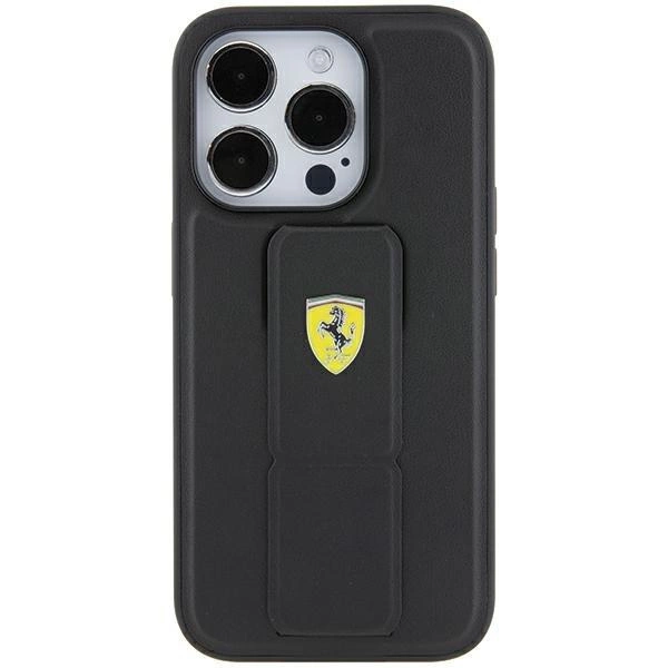 Kovové pouzdro s logem Ferrari Grip Stand pro iPhone 15 - černé