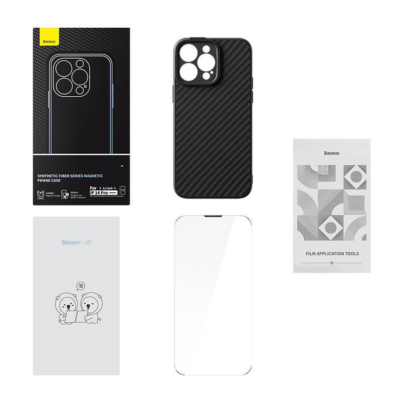 Baseus Synthetic Fiber Series magnetické pouzdro pro iPhone 14 Pro (černé) + tvrzené sklo + čisticí sada