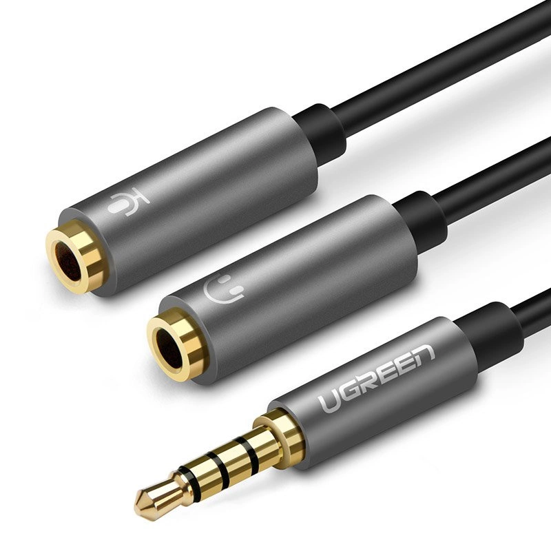 Ugreen kabel sluchátkový rozbočovací kabel 3,5 mm mini jack AUX mikrofon 20 cm (mikrofon + stereo výstup) stříbrný (30619)