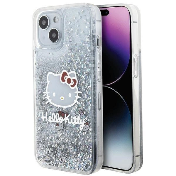 Hello Kitty Liquid Glitter Charms Kitty Head pouzdro pro iPhone 14 - stříbrné