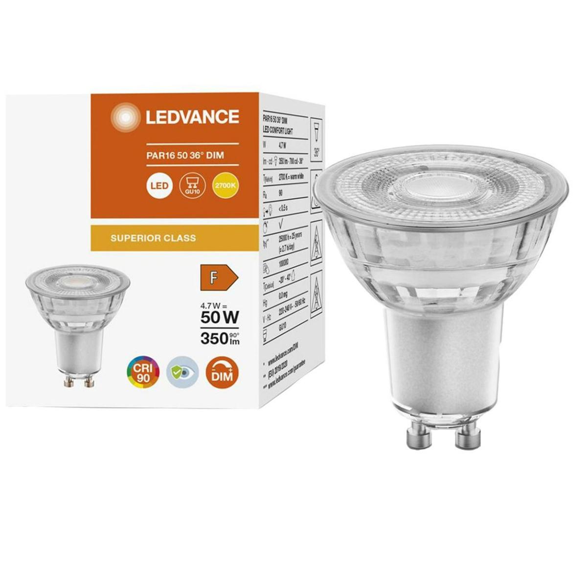LED žárovka LED GU10 4,7W = 50W 350lm 2700K Teplá bílá 36° CRI90 Stmívatelná skleněná LEDVANCE Superior