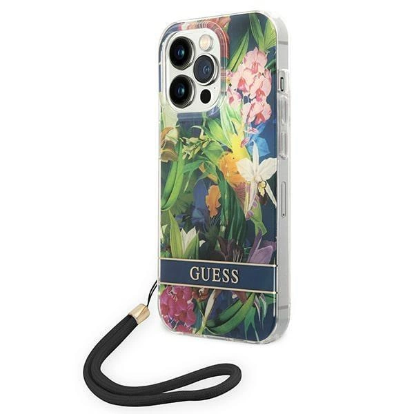 Pouzdro Guess Flower Strap pro iPhone 14 Pro Max - modré