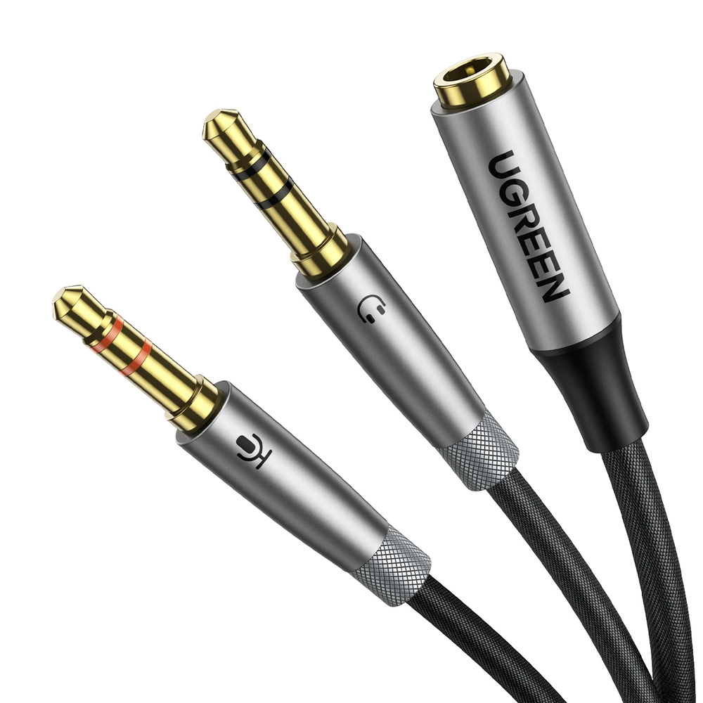 Rozbočovací kabel Ugreen AUX 3,5 mm mini jack (samice) - 2x 3,5 mm mini jack (samec - mikrofon a sluchátka) stříbrný (AV193 50255)