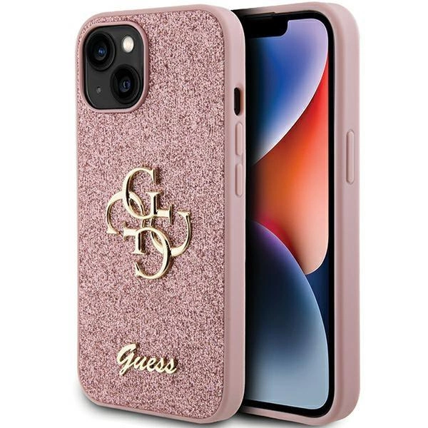Pouzdro Guess Glitter Script Big 4G pro iPhone 15 Plus - růžové