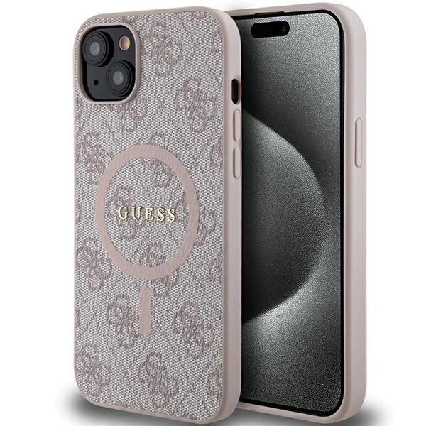 Guess 4G Collection Kožené pouzdro MagSafe s kovovým logem pro iPhone 15 Plus / 14 Plus - růžové