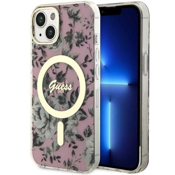 Pouzdro Guess Flower MagSafe pro iPhone 14 Plus - růžové