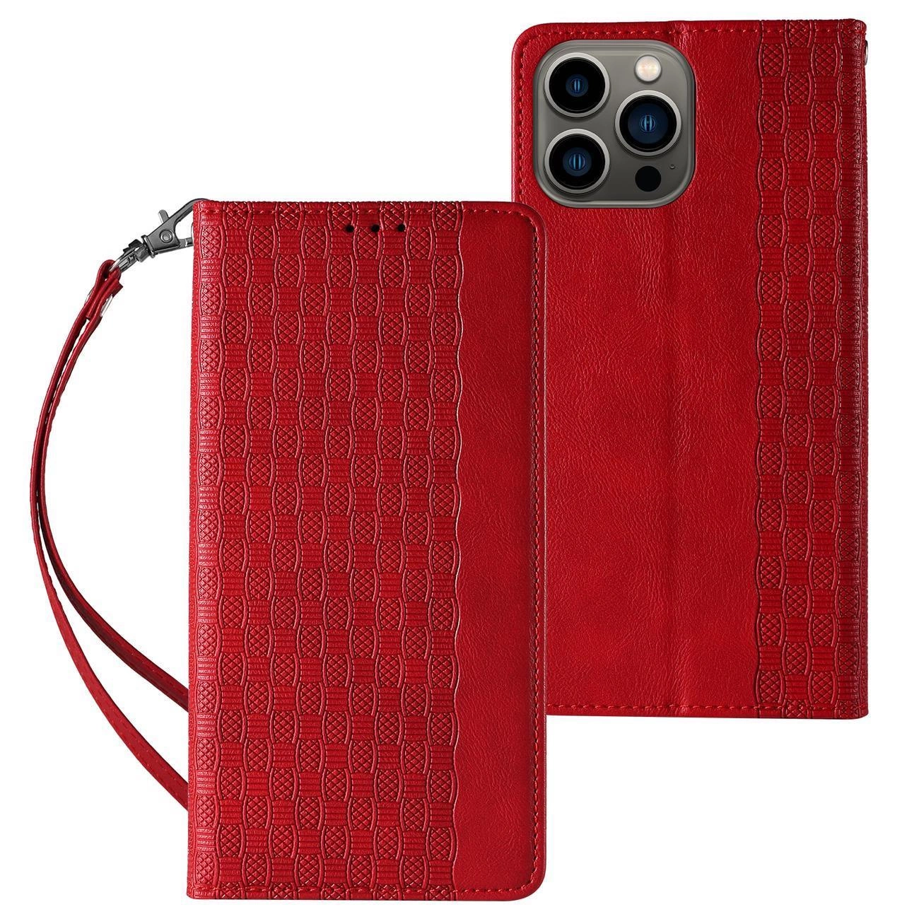 Hurtel Magnet Strap Case iPhone 14 Pro Max flip cover peněženka mini lanyard stand red