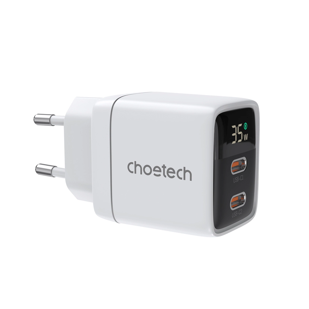GaN Choetech PD6051 2x USB-C PD 35W síťová nabíječka s displejem - bílá