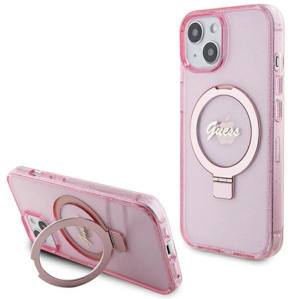 Guess Ring Stand Script Glitter MagSafe pouzdro pro iPhone 15 - růžové
