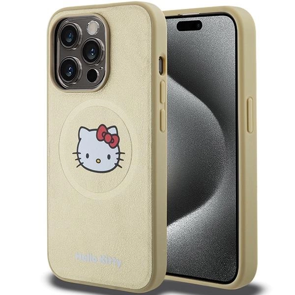 Kožené pouzdro Hello Kitty Kitty Head MagSafe pro iPhone 14 Pro - zlaté