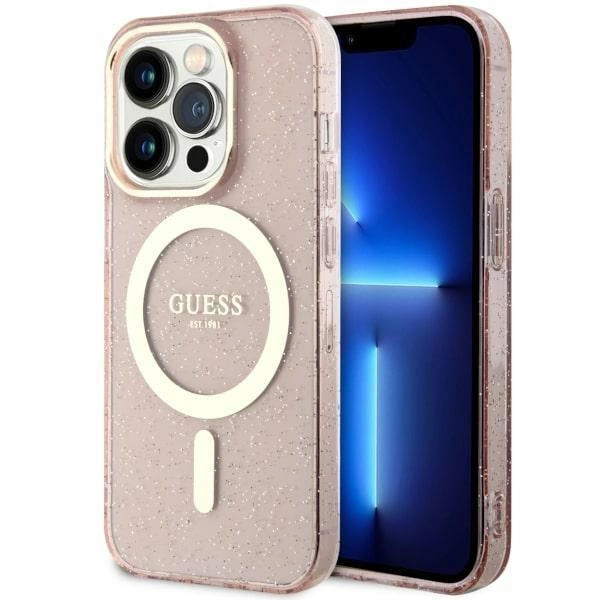 Guess Glitter Gold MagSafe pouzdro pro iPhone 14 Pro Max - růžové