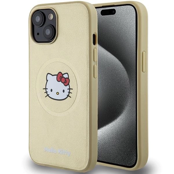 Kožené pouzdro Hello Kitty Kitty Head MagSafe pro iPhone 14 - zlaté