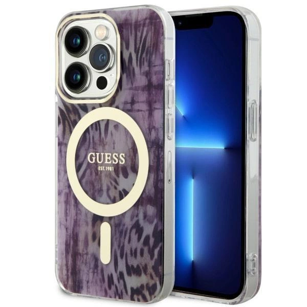 Pouzdro Guess Leopard MagSafe pro iPhone 14 Pro Max - růžové