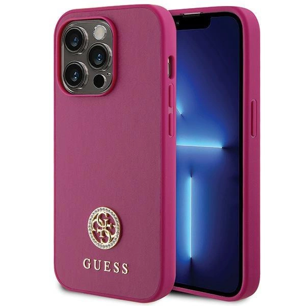 Kovové pouzdro Guess se štrasovým logem pro iPhone 15 Pro - růžové
