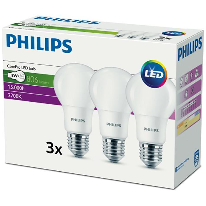 3PAK LED žárovka LED E27 A60 8W = 60W 806lm 2700K Teplá bílá 300° PHILIPS CorePro PHLED8310