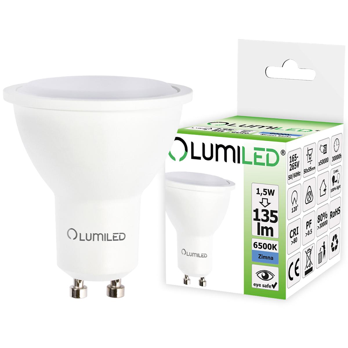 LED žárovka LED GU10 1,5W = 15W 135lm 6500K Studená bílá 120° LUMILED