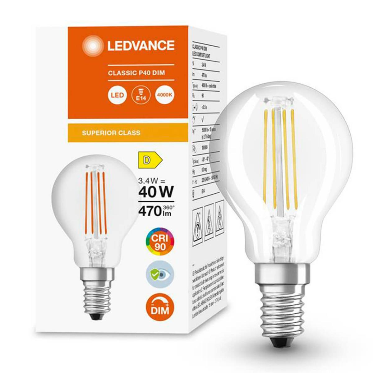 LED žárovka Koule E14 P45 3,4W = 40W 470lm 4000K Neutrální bílá 300° CRI90 Filament Stmívatelná LEDVANCE Superior