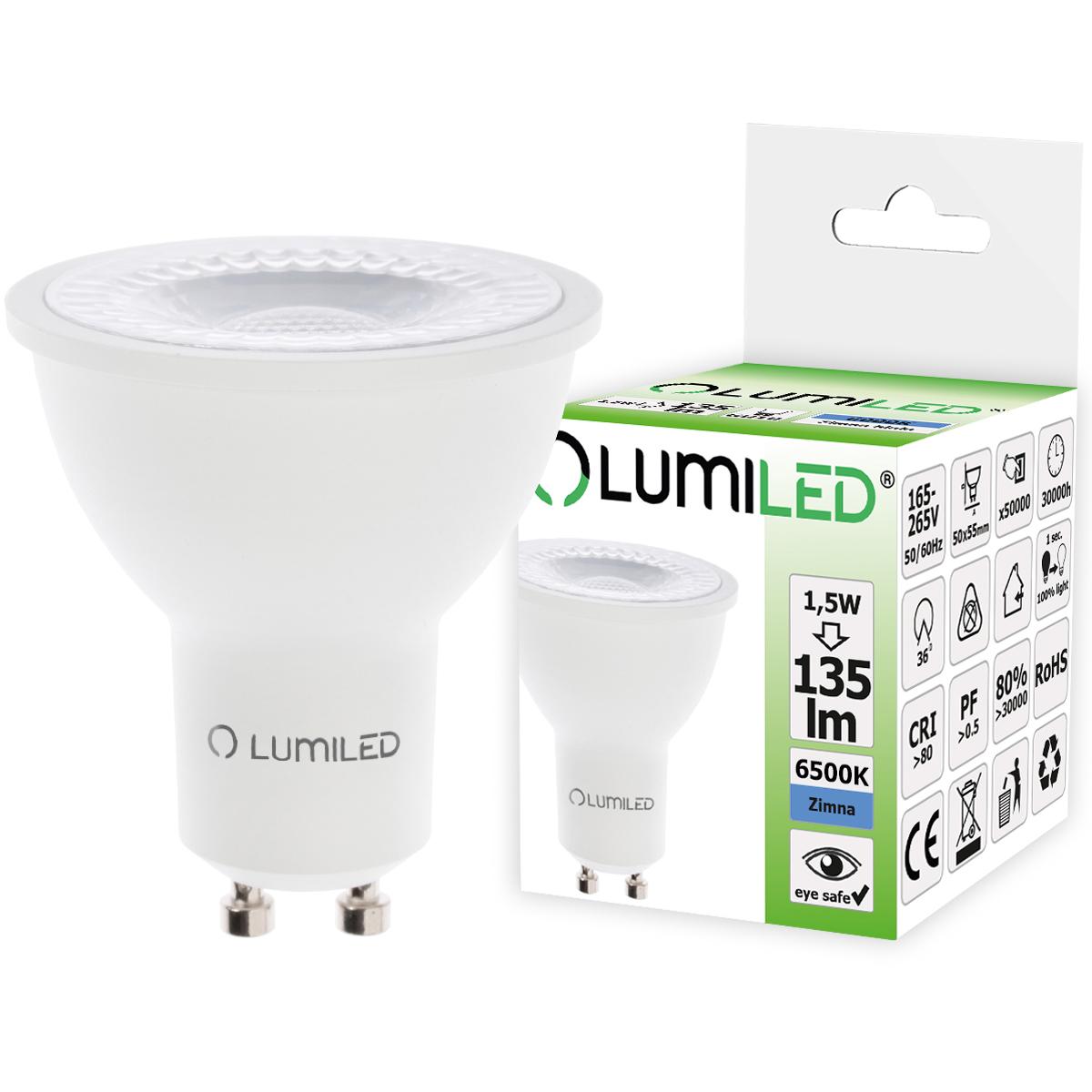 LED žárovka LED GU10 1,5W = 15W 135lm 6500K Studená bílá 36° LUMILED