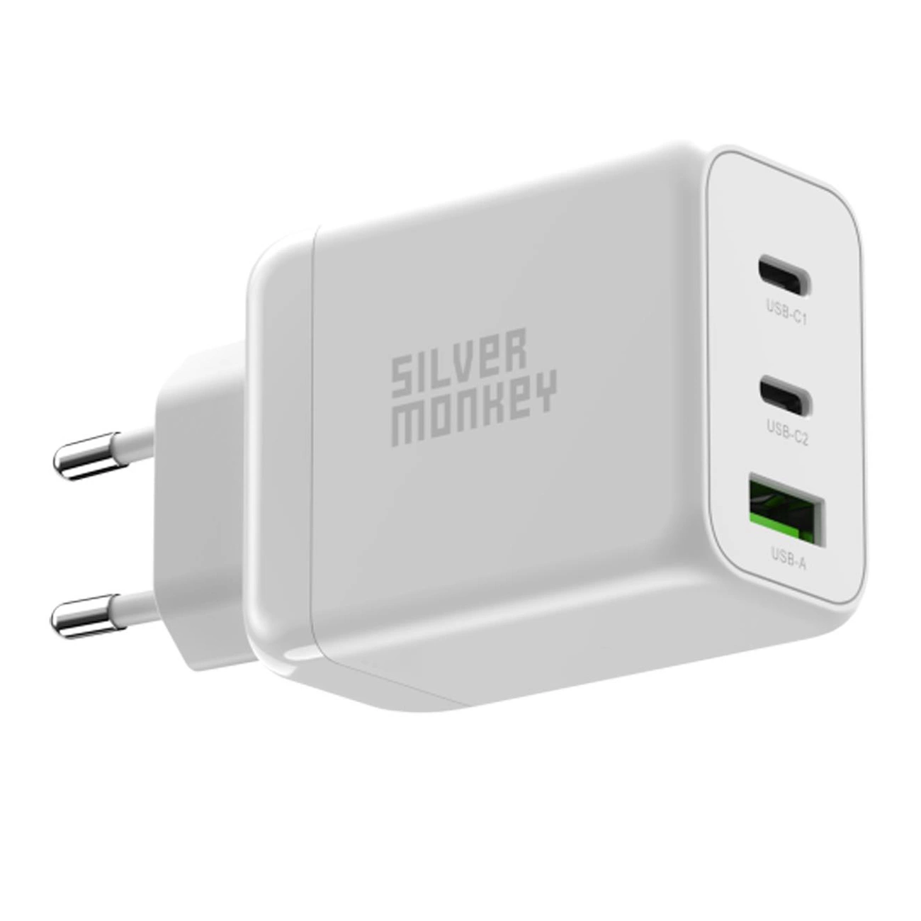 Silver Monkey GaN 65W 2x USB-C PD 1x USB-A QC 3.0 síťová nabíječka - bílá