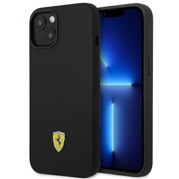 Silikonové pouzdro s kovovým logem Ferrari pro iPhone 14 Plus - černé