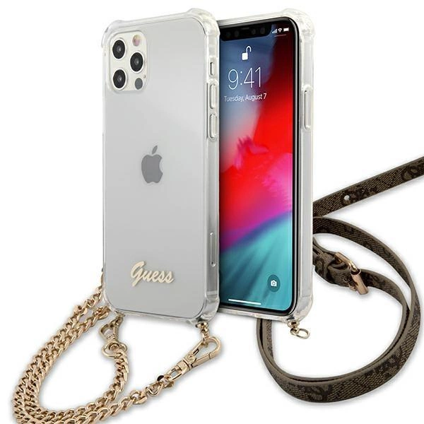 Hnědé pouzdro Guess 4G s páskem a zlatým řetízkem pro iPhone 12 / iPhone 12 Pro - čiré