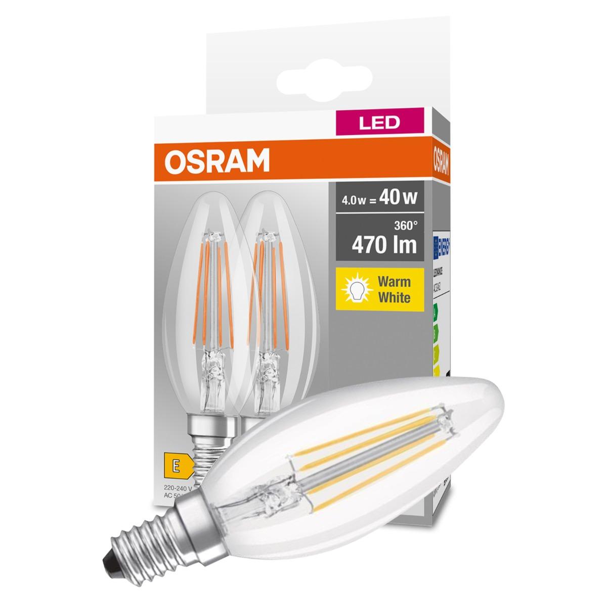 2PAK LED žárovka LED E14 B35 FR 4W = 40W 470lm 2700K Teplá bílá 300° Filament OSRAM Base OSRLEDW3010
