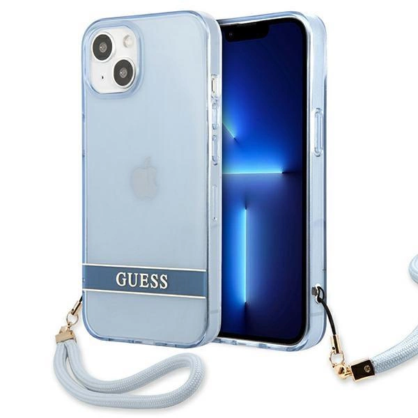 Průsvitné pouzdro Guess s páskem pro iPhone 13 mini - modré