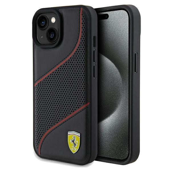 Perforované kovové pouzdro s logem Ferrari Waves pro iPhone 15 / 14 / 13 - černé