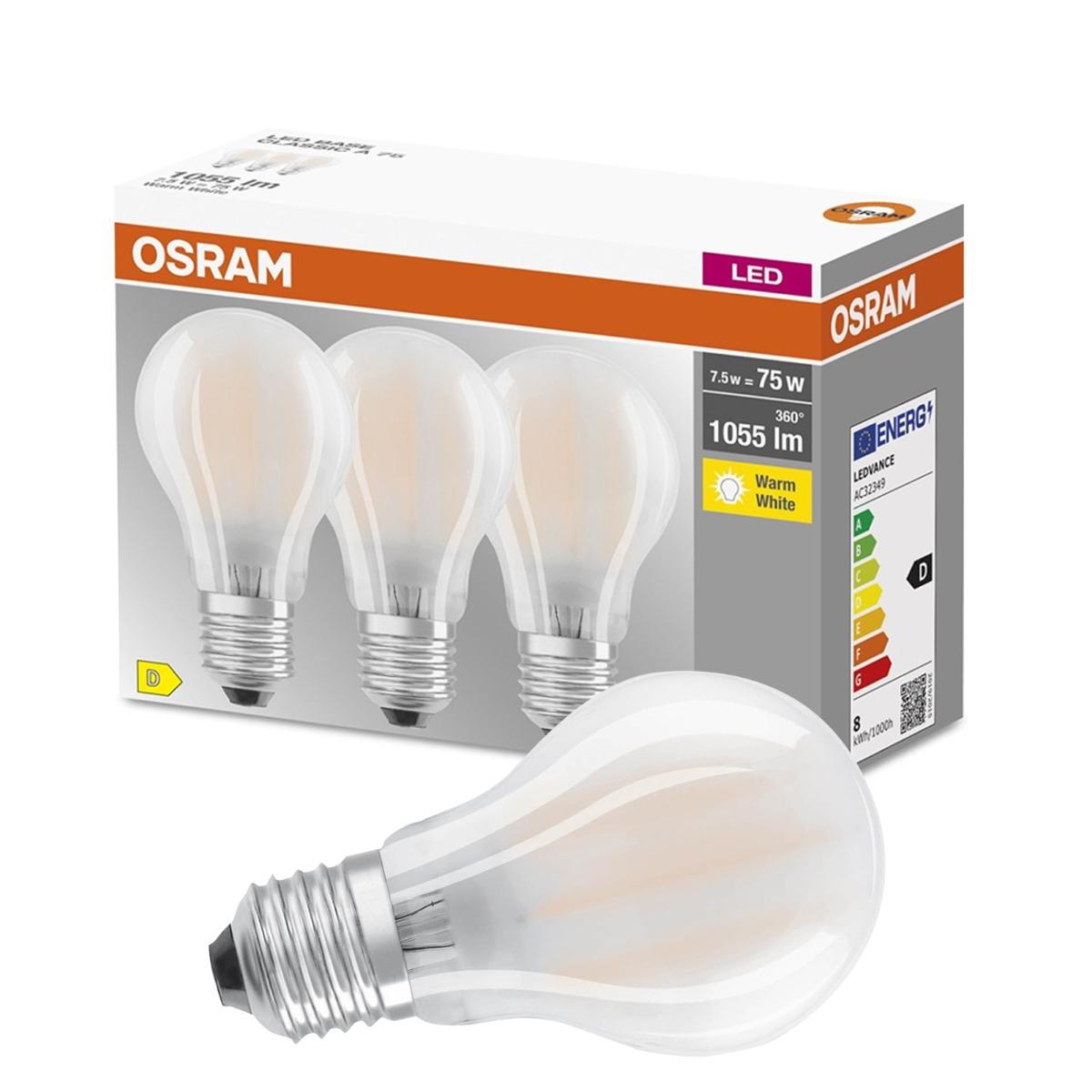 3PAK LED žárovka LED E27 A60 7,5W = 75W 1055lm 2700K Teplá bílá 300° Filament OSRAM BASE OSRLEDW3560