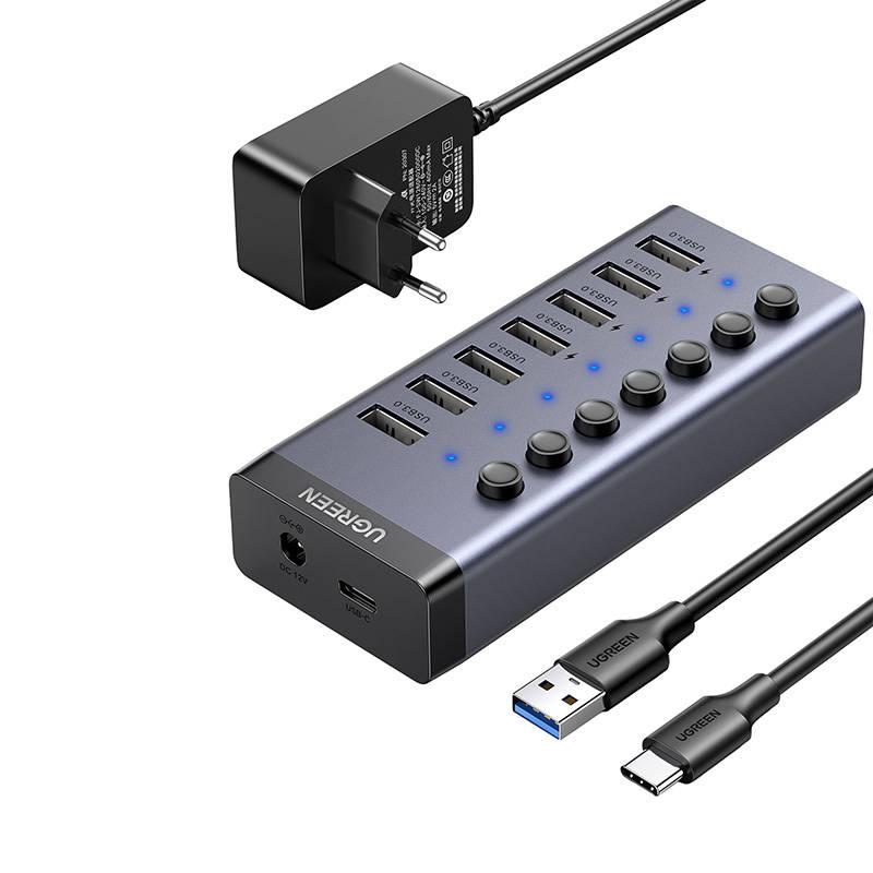 Rozbočovač UGREEN 7v1 USB-C, 7x USB-A 3.0 12V 2A (černý)