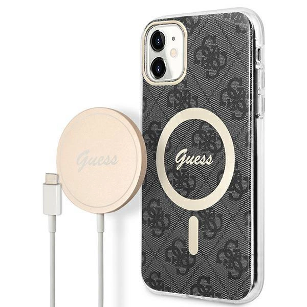 Pouzdro Guess 4G Print MagSafe pro iPhone 11 + indukční nabíječka - černé
