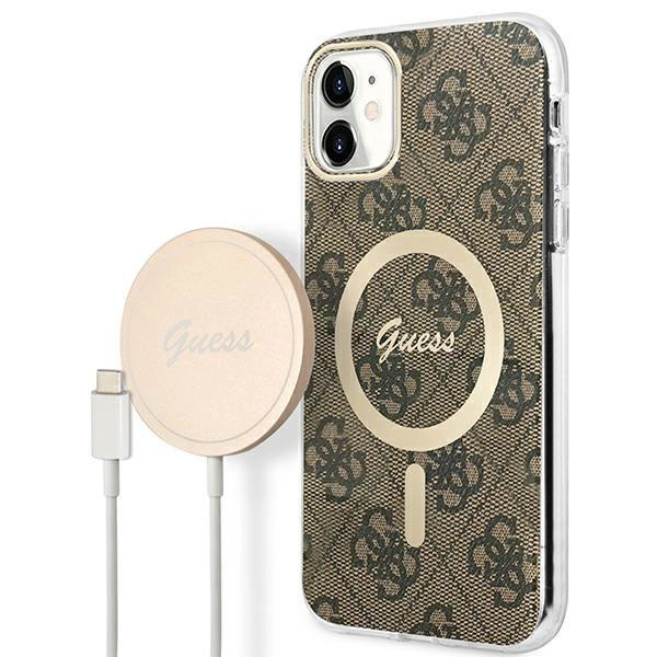 Pouzdro Guess 4G Print MagSafe pro iPhone 11 + indukční nabíječka - hnědé