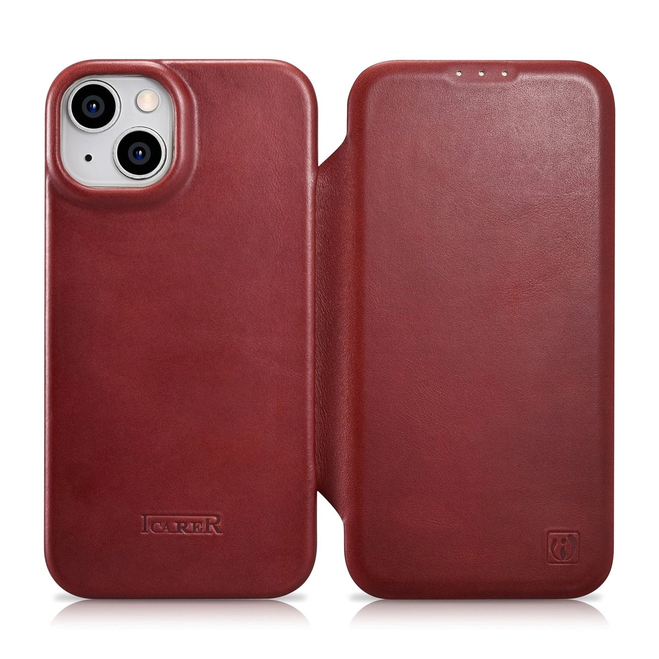 iCarer CE Oil Wax Premium Leather Folio Case Kožené pouzdro s magnetickou klopou MagSafe pro iPhone 14, červené (AKI14220705-RD)