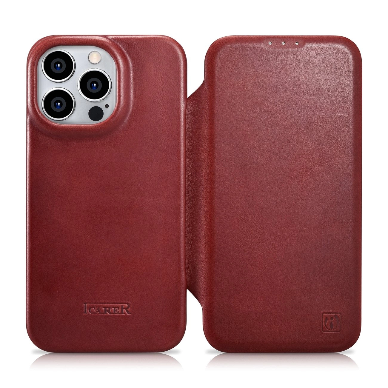 iCarer CE Oil Wax Premium Leather Folio Case Kožené pouzdro s magnetickou klopou MagSafe pro iPhone 14 Pro červené (AKI14220706-RD)