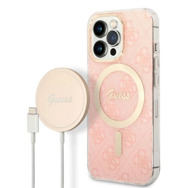 Pouzdro Guess 4G Print MagSafe pro iPhone 13 Pro + indukční nabíječka - růžové