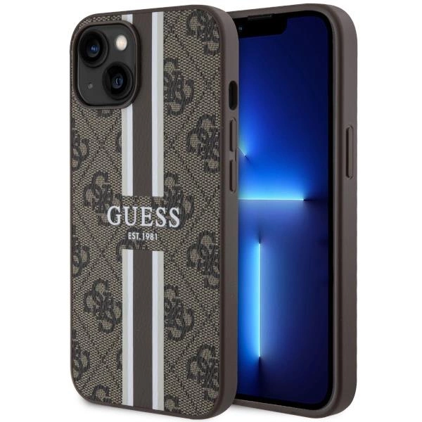 Pouzdro Guess 4G Printed Stripes MagSafe pro iPhone 14 - hnědé