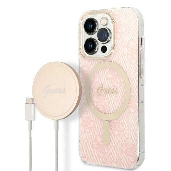 Pouzdro Guess 4G Print MagSafe pro iPhone 14 Pro + indukční nabíječka - růžové