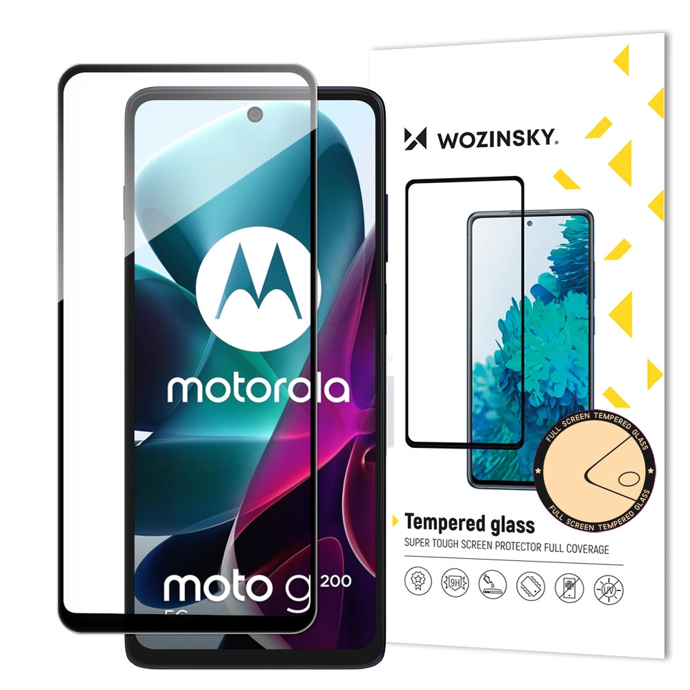 Hurtel Wozinsky Full Glue Tvrzené sklo Motorola Moto G200 5G 9H Celoplošné tvrzené sklo s černým rámečkem