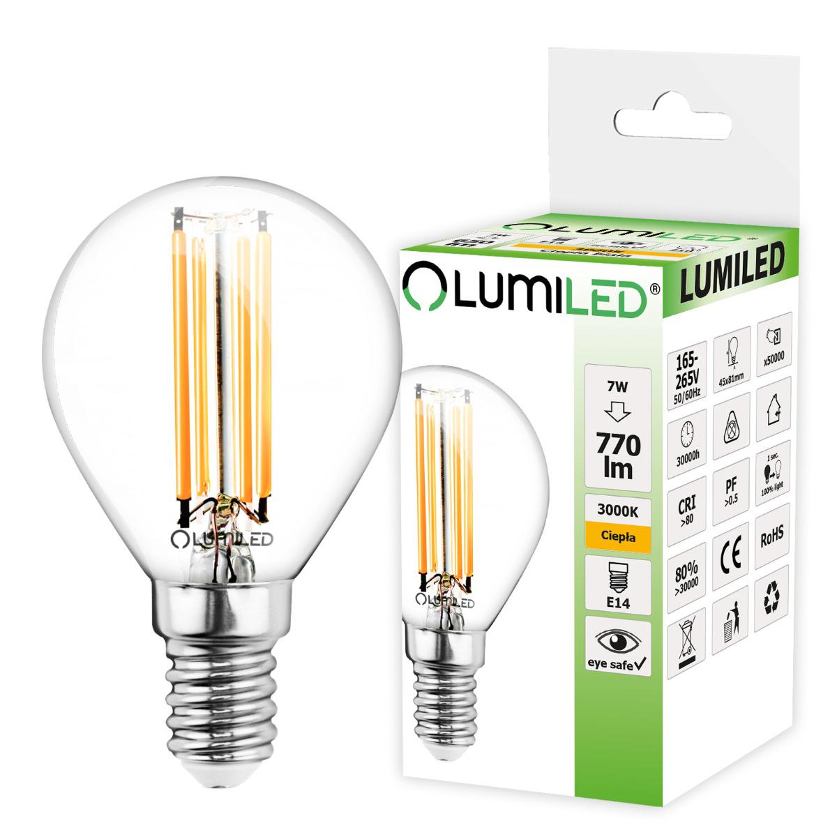 LED žárovka LED E14 P45 7W = 60W 770lm 3000K Teplá bílá 360° Filament LUMILED