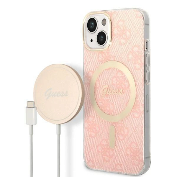 Pouzdro Guess 4G Print MagSafe pro iPhone 14 Plus + indukční nabíječka - růžové