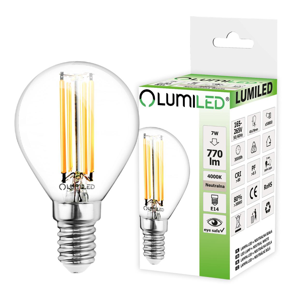 LED žárovka LED E14 P45 7W = 60W 770lm 4000K Neutrální bílá 360° Filament LUMILED
